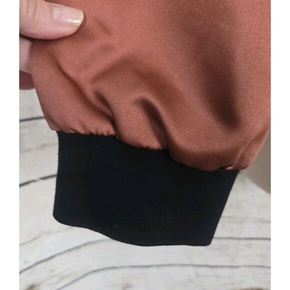 Stine Goya Embroidered Bomber Jacket Womens L Satin Full Zip Brown Black - Picture 3 of 12